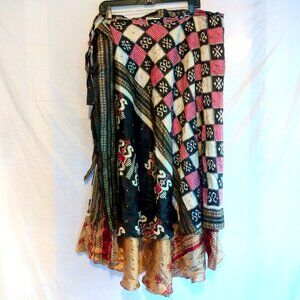 Artisan Silk Two-Layer Wrap Skirt L/XL Boho Ethnic Festival Gypsy Hippie Maxi